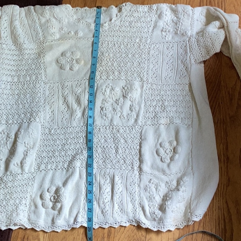 ⚜️ Vintage PATCHWORK EMBROIDERED WHITE COTTON SWEATER  Sz 1X/2X